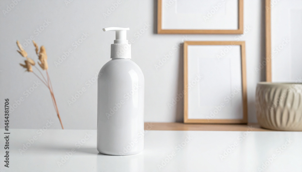 a minimalist setting featuring modern furniture and accessories. on a white table with two vertical slits, there's a cylindrical bottle of hand soap that is white in color