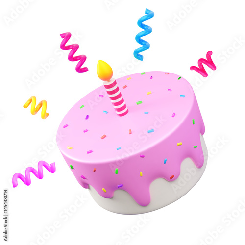 3d vector illustration of a pink birthday cake with a striped candle, colorful sprinkles, and festive streamers. Ideas for celebration, party invitations, for festive occasions.