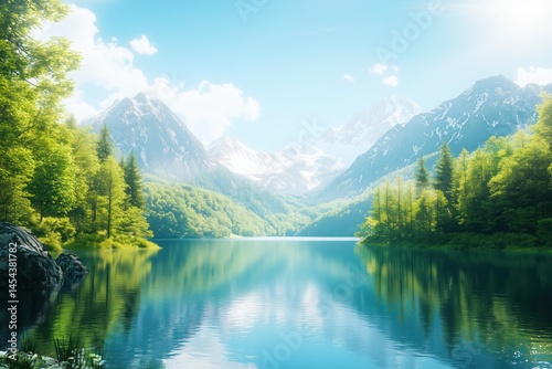 Wallpaper Mural Bright Alpine Lake with Sunlight, Green Forest, and Snowy Mountain Landscape Torontodigital.ca