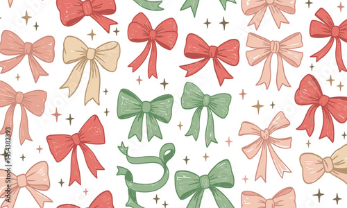 Bow pattern. Christmas seamless vintage ribbon vector illustration. Gift drawing, cute present crayon design. Colorful doodle hand drawn bow pattern. Seamless ribbon print background.