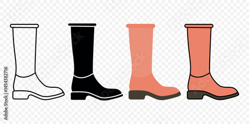 Womens High Heel Boots Icon Set. Outline, Silhouette, Flat and Colored Style Fashion Shoes Collection for Autumn and Winter, Stylish Female Footwear Design. Vector Illustration