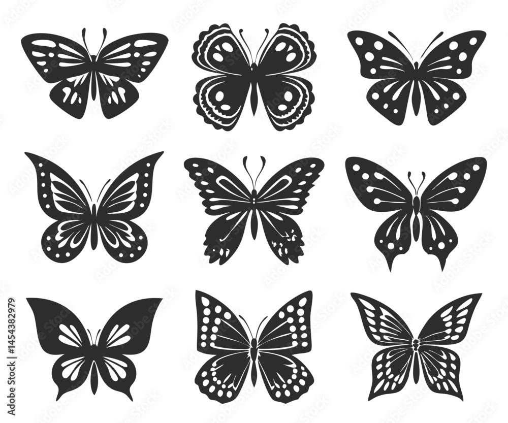 Obraz premium Minimal Black Silhouettes of Butterflies, Moths, and Dragonflies Vector illustration 