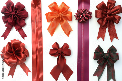 Set of red ribbon bows and ribbons for decoration, isolated on a white background. A collection with different shapes and styles, shown in a top view.