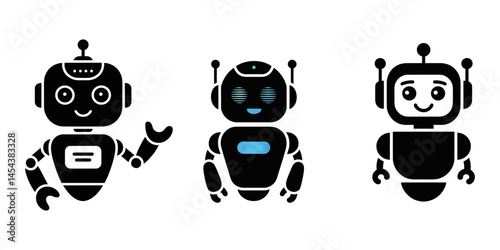Sets of black robot smiling face icon. Futuristic cute help bots in minimalistic style, silhouette of a lonely robot and a surprised, fearful companion, robot vector icon, Chatbot symbol silhouette.