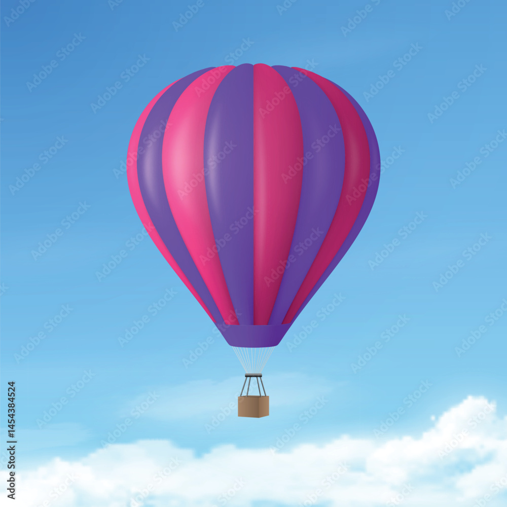 Fototapeta premium Vector Travel Banner with 3d Realistic Hot Air Balloon Icon on a Blue Sky Background. Design Template, Summer Vacation, Travelling, Tourism and Journey Concept