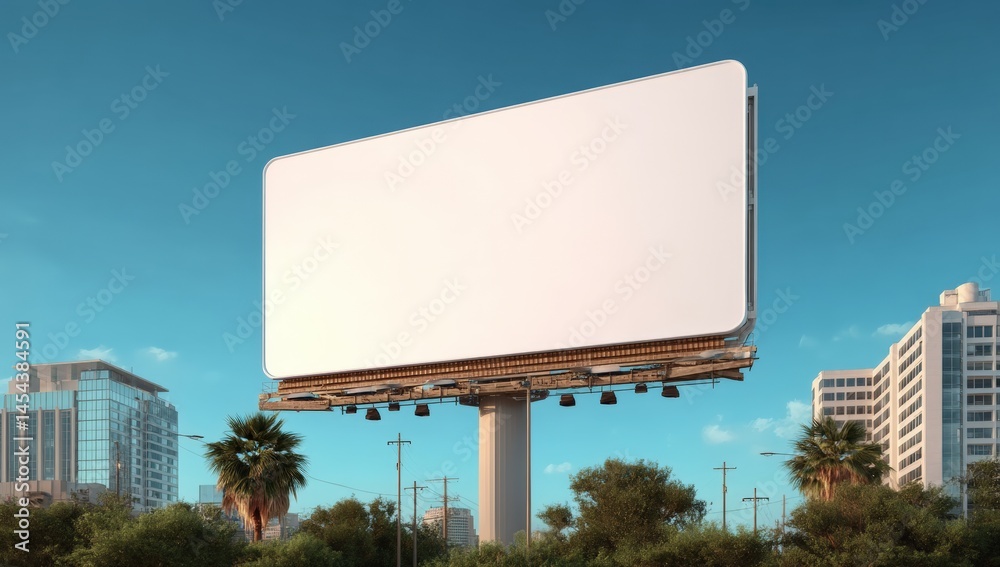 Fototapeta premium A modern cityscape with a large blank billboard above a building, surrounded by tall skyscrapers and clear blue sky.