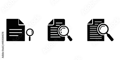 Document with magnifying glass icon in black silhouette, Set of research, report, search paper document icons. Data analysis icons. Document icons with magnifying glass in various style.