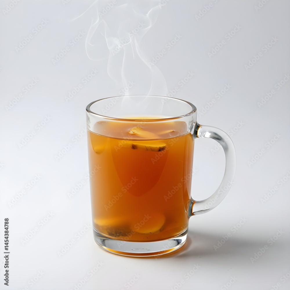 Steaming Hot Beverage in Glass Mug with Ginger Slices Steaming Hot Beverage in Glass Mug with Ginger Slices