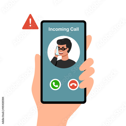 Illustration of hands holding a phone. A call comes in from a scammer. Smartphone screen interface. The isolated image on a white background. Simple cute style.