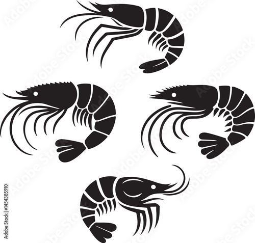 Simple shrimp silhouette vector set, shrimp fish icon art on a white background
