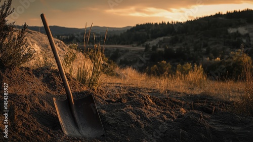 Weathered shovel leaning against dirt pile at sunset  