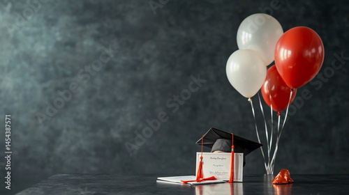 Graduation Celebration  Diploma  Cap  Balloons  Dark Background