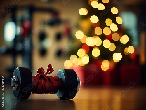 Christmas Gym Gift  Dumbbell with Red Ribbon  Festive Lights