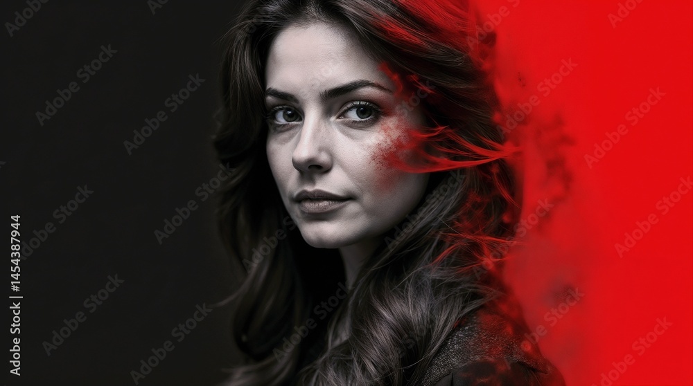 Mysterious woman with flowing hair in black and red background with smoke effect