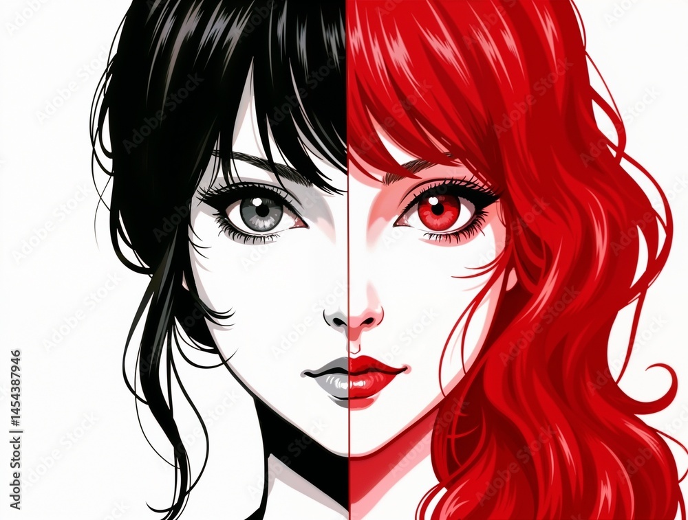 Digital art of a woman with contrasting black and red hair in a split design