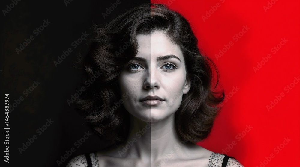 Elegant young woman with a mysterious expression in black and red background