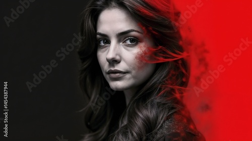 Obraz na płótnie Mysterious woman with flowing hair in black and red background with smoke effect w salonie