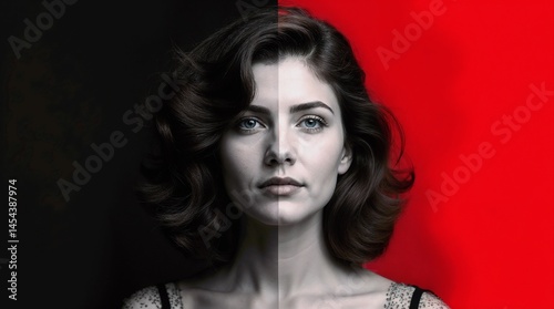 Obraz na płótnie Elegant young woman with a mysterious expression in black and red background
w salonie