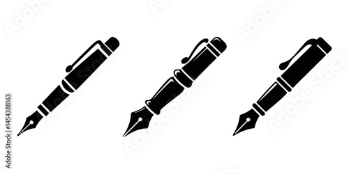 vector illustration of a black ink pen, Black silhouette of a ballpoint pen, Fountain pen silhouette vector illustration, minimalist black fountain pen icon silhouette vector illustration isolated.
