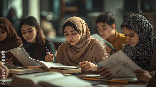 Focused Students Studying Together in Library  Books  Education  Learning