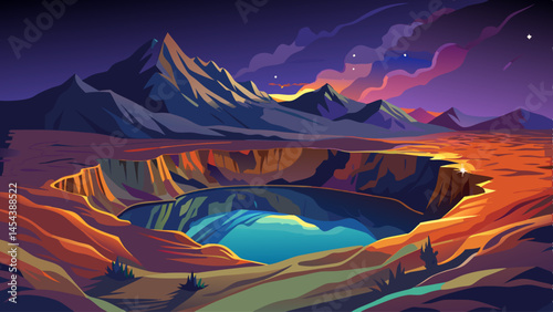 A remote mountain crater lake glowing under twilight, with stars beginning to appear