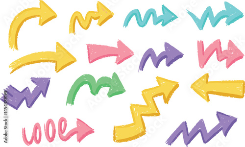 Brush arrow. Color hand drawn crayon thick arrows. Line vector icon. Pencil, marker, chalk, pastel or crayon texture scribble. Up and down bold shape. Thick circle rough bg. 