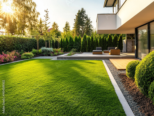 Lush Green Lawn  Modern Home  Backyard Oasis  Landscaping Design  Garden View
