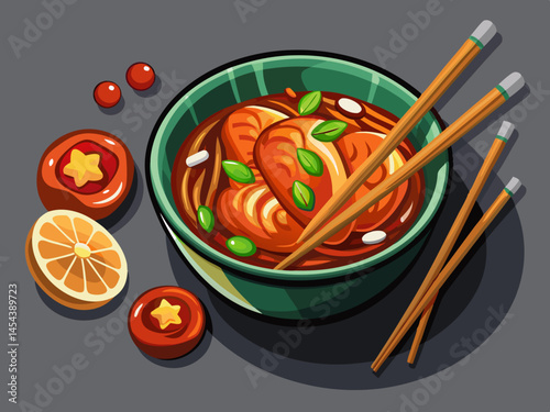 vector of A glass or cellophane noodle bowl with caramelized chicken breast Asian cuisine and a pair of chopsticks on a dark gray background top view