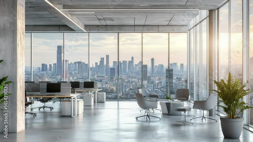 Large open office space with a view of the city. The room is filled with potted plants and has a modern design