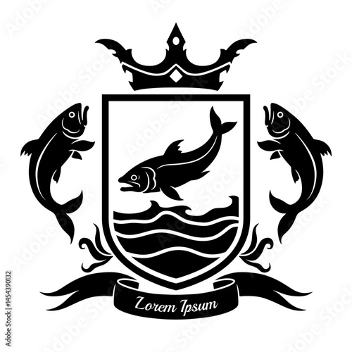 Flat silhouette style coat of arms with three fishes on the white background. Vector illustration. Can be use as seafood themes. 