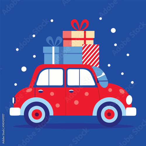 Vintage Christmas car with many gifts blue 
