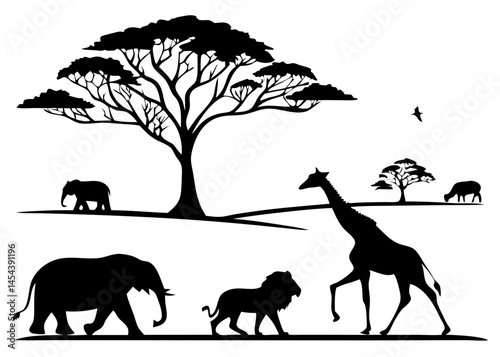 Silhouette of wild animals like deer, elephant, giraffe, and tiger in a forest with trees and a sunset background, featuring a variety of mammals.