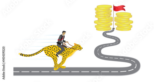 Man trying to making money as fast as he can. Investments and salary raising. Riding on running cheetah. Vector illustration.