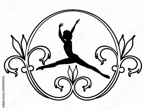 Silhouette of a girl in dancing pose with floral tree design and nature elements