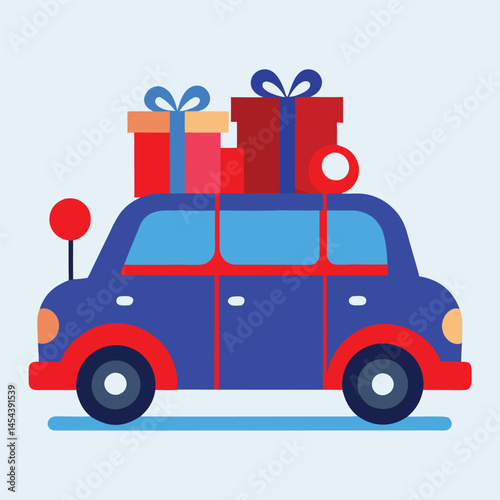 Vintage Christmas car with many gifts blue 