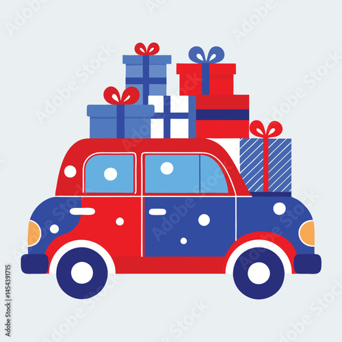 Vintage Christmas car with many gifts blue 