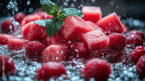 Watermelon and Raspberry Cubes in Splash photo