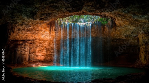 Waterfall in a cave, vibrant turquoise pool