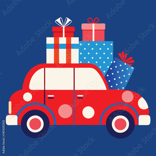 Vintage Christmas car with many gifts blue 