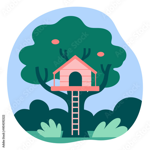 Treehouse in a Garden with Flowers - Colorful Illustration  