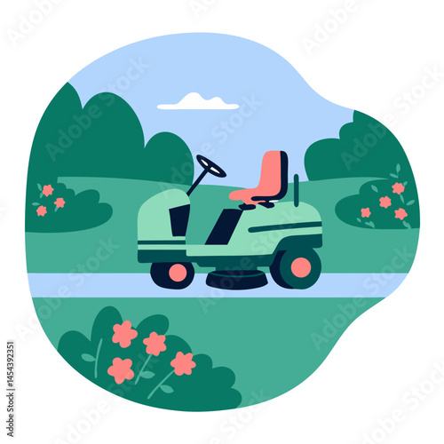 Lawn Tractor Mowing in a Vibrant Green Landscape  