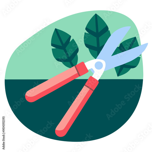 Gardening Shears Cutting Leaves on a Green Background  