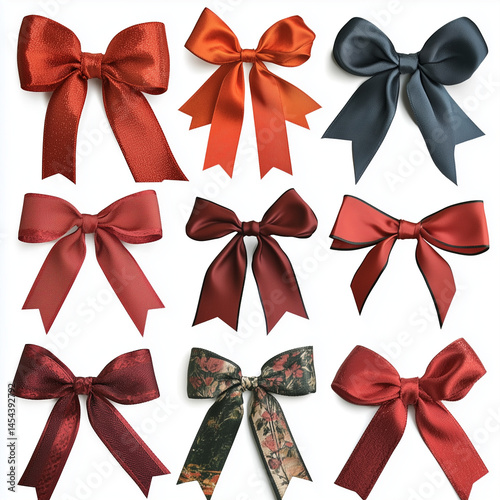 Set of red ribbon bows and ribbons for decoration, isolated on a white background. A collection with different shapes and styles, shown in a top view.