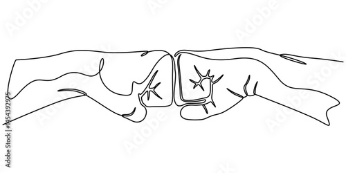 Continuous one line drawing of bro fist bump or pound lineart hands. Concept of brother giving a punch, Man and woman`s clenched fists bump. Continuous one line illustrated fist bump, hitting, attack.
