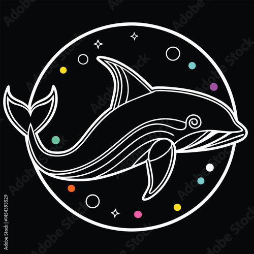 Dolphin Artistic Illustration: A captivating artistic illustration of a dolphin gracefully swimming, framed by a circular design, surrounded by colorful dots and stars on a black background.