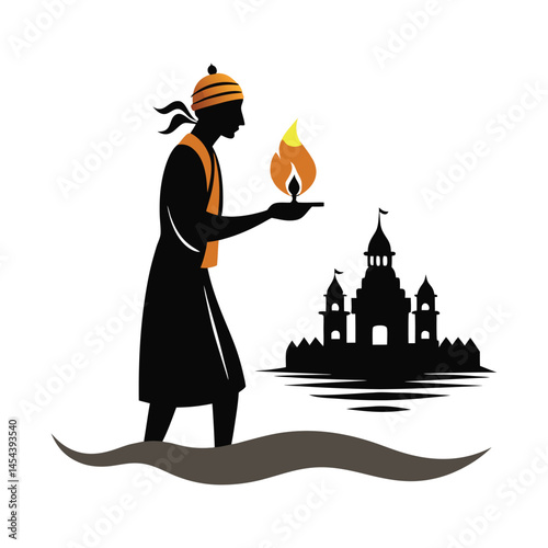 Hindu priest silhouette performing aarti by river with temple and flame details vector art  