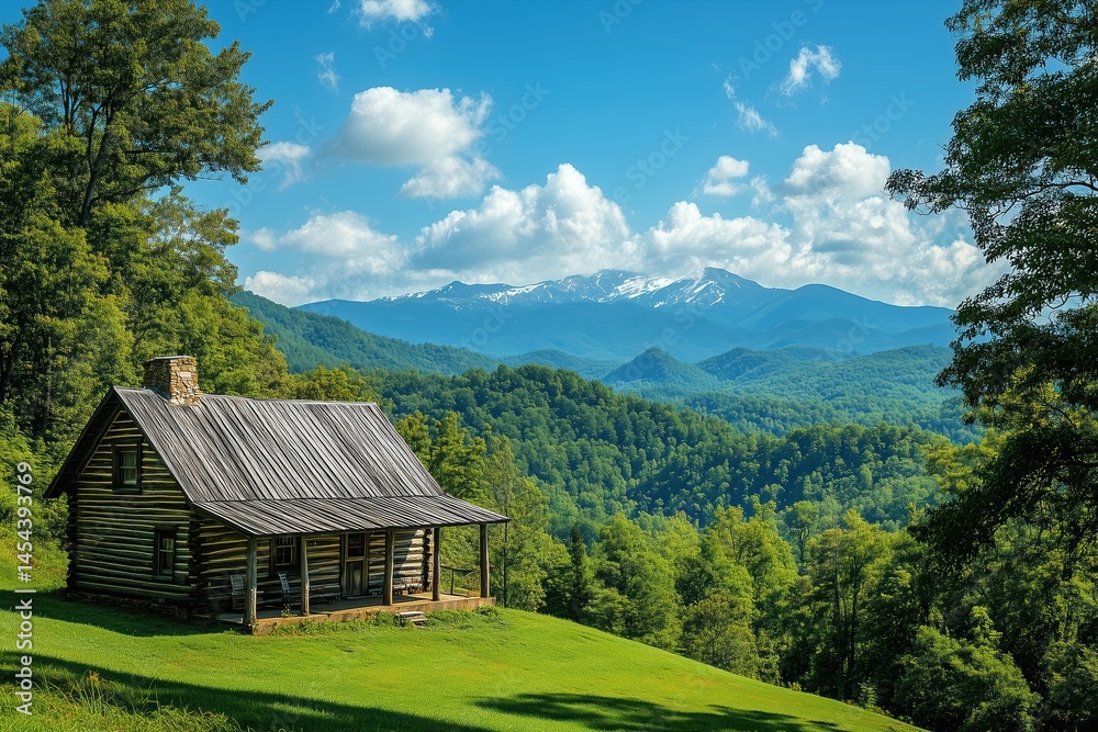 Fototapeta premium Remote Wooden Cabin on Grassy Hill with Majestic Mountain Range in Background