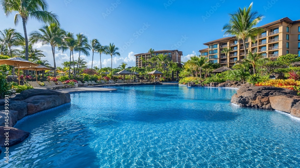 Fototapeta premium Serene tropical resort oasis with sparkling pool and swaying palm trees