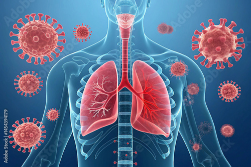 Lung Infection by Virus – Respiratory System and Pathogen Illustration