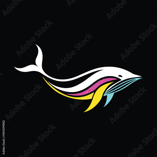 Whale Logo: A minimalist, stylized emblem showcases a graceful whale, featuring vibrant colors in a clean design, symbolizing marine life and oceanic elegance.